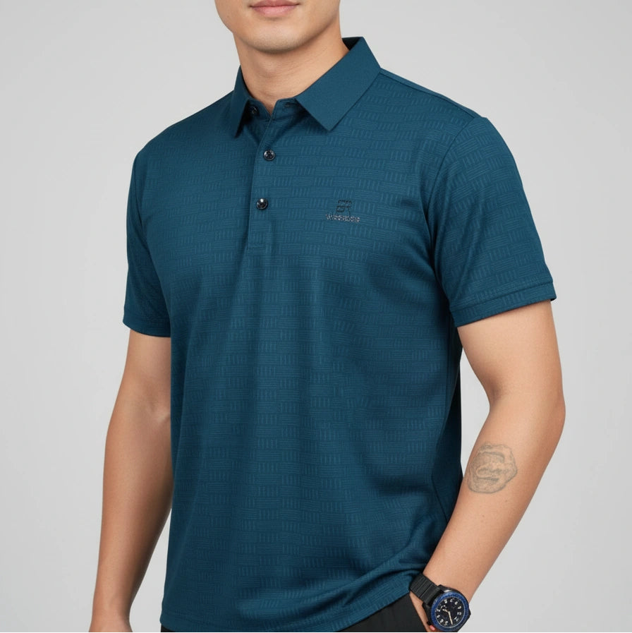 [Leve 5, Pague Só 3] Camisa Polo Draxen Masculina em Seda Gelada e Poliéster de Caimento Reto com Textura Geométrica + BRINDES