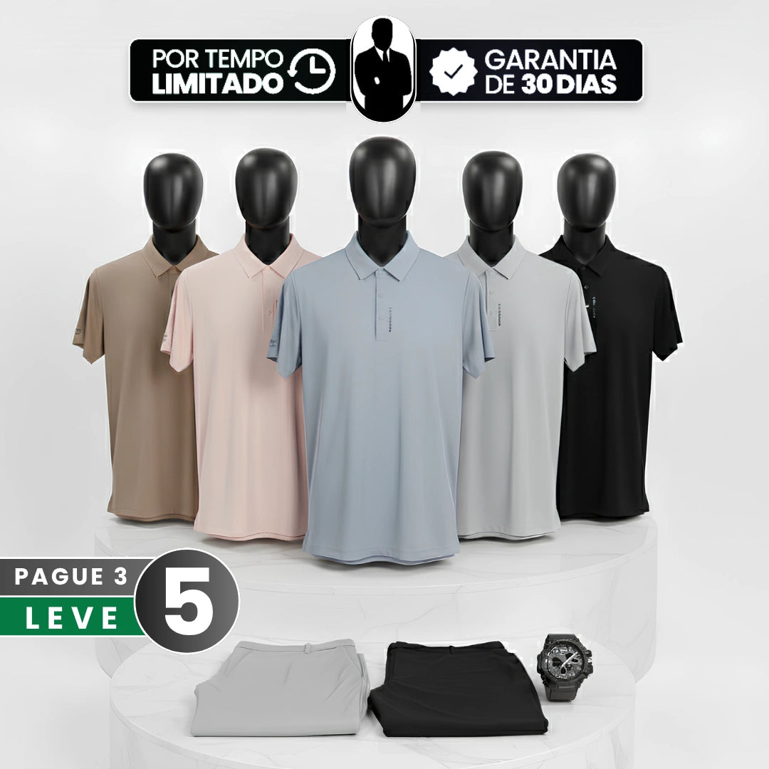 [Leve 5, Pague Só 3] Camisa Polo Varex em Seda Gelada, Poliéster e Spandex + 2 Calças e Relógio GRÁTIS!