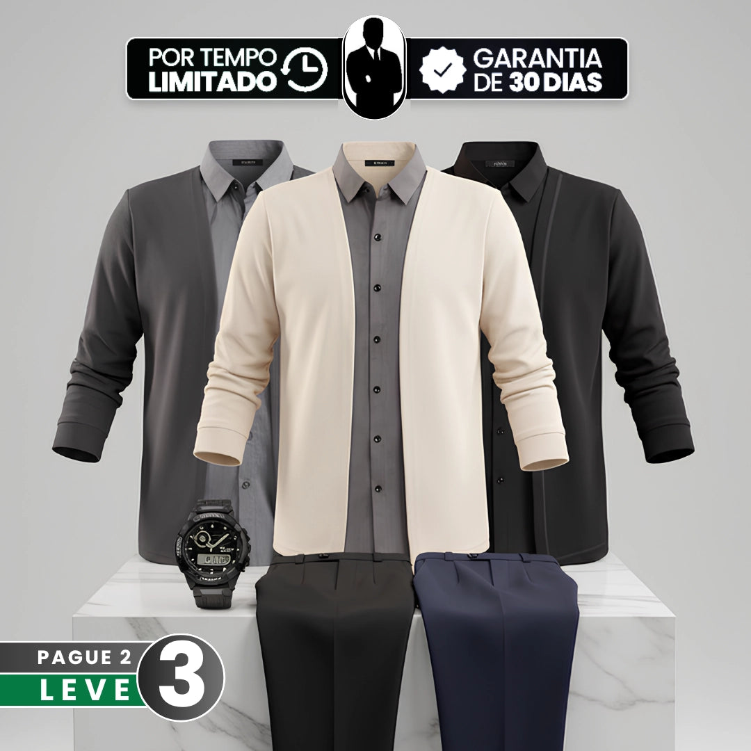 [Leve 3, Pague Só 2] Camisa Dallas Masculina Cardigan em Algodão e Poliéster com Gola Camisa e Design 2 em 1 + BRINDES