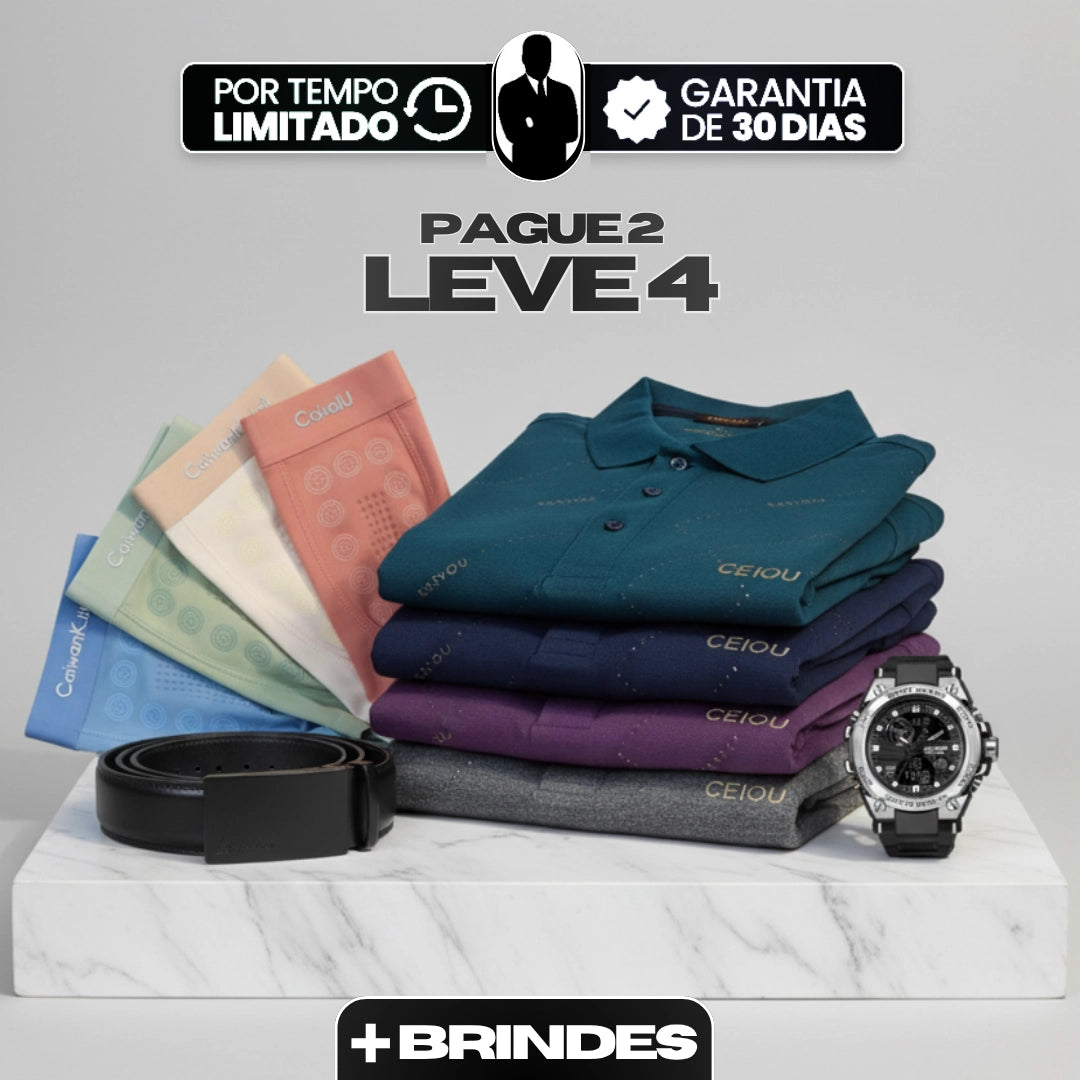 [Leve 4, Pague Só 2] Camisa Polo Masculina Ravelli Manga Longa em Poliéster com Forro Térmico Flanelado + BRINDES: 4 Cuecas, Relógio e Cinto